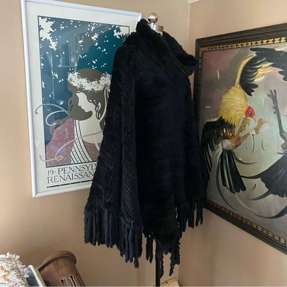 Fur poncho black knitted rabbit cowl neck cape large Xl plus one size - Picture 10 of 15